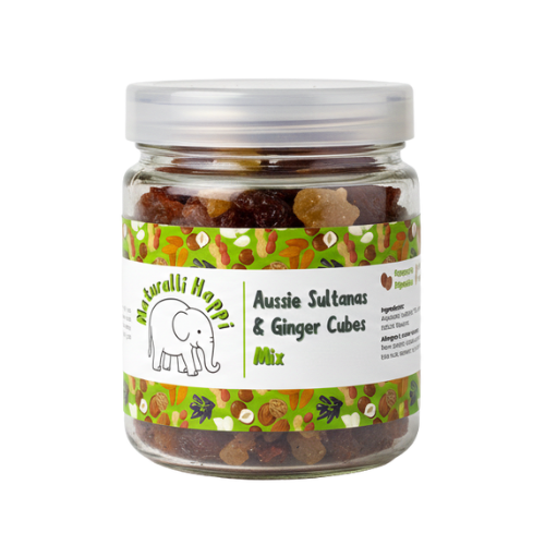 Naturalli Happi Sultanas with ginger cubes in a vibrant package