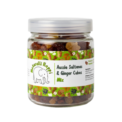 Naturalli Happi Sultanas with ginger cubes in a vibrant package