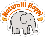 A die-cut sticker featuring a cartoon gray elephant with a smiling face, under the text 'Naturalli Happi' in orange lettering, on a white background.