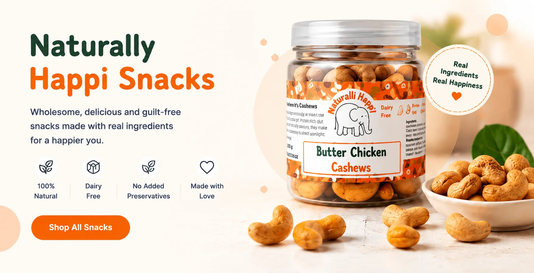 Naturalli Happi Snacks Butter Chicken Cashews with product packaging and cashews on a light background