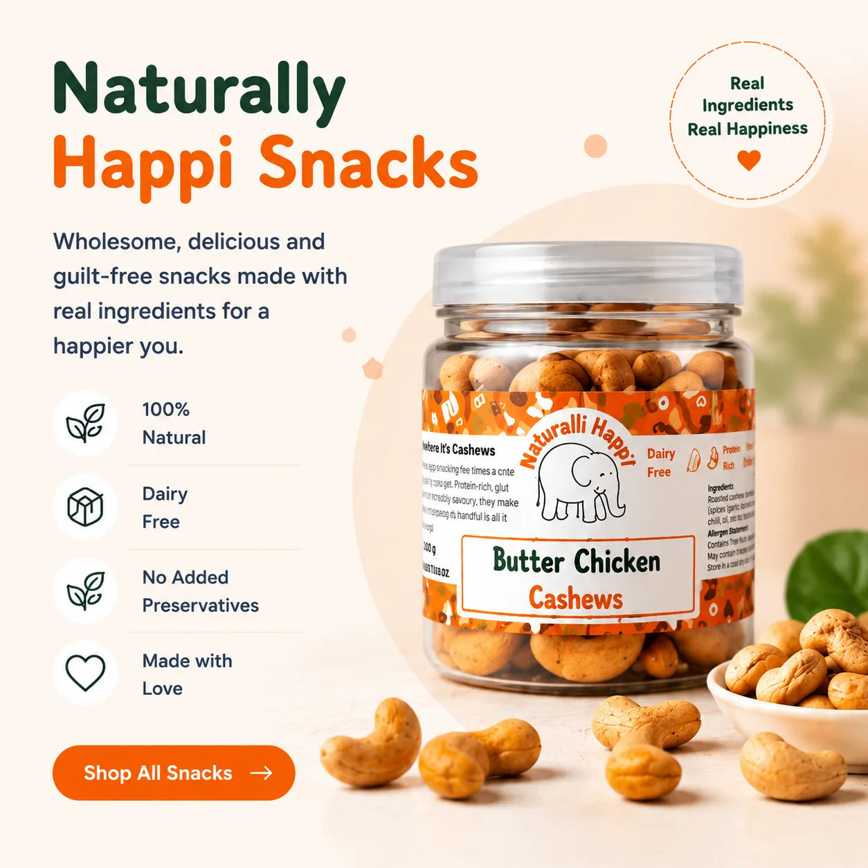 Jar of 'Butter Chicken Cashews' from Naturalli Happi Snacks with product details on a light background.