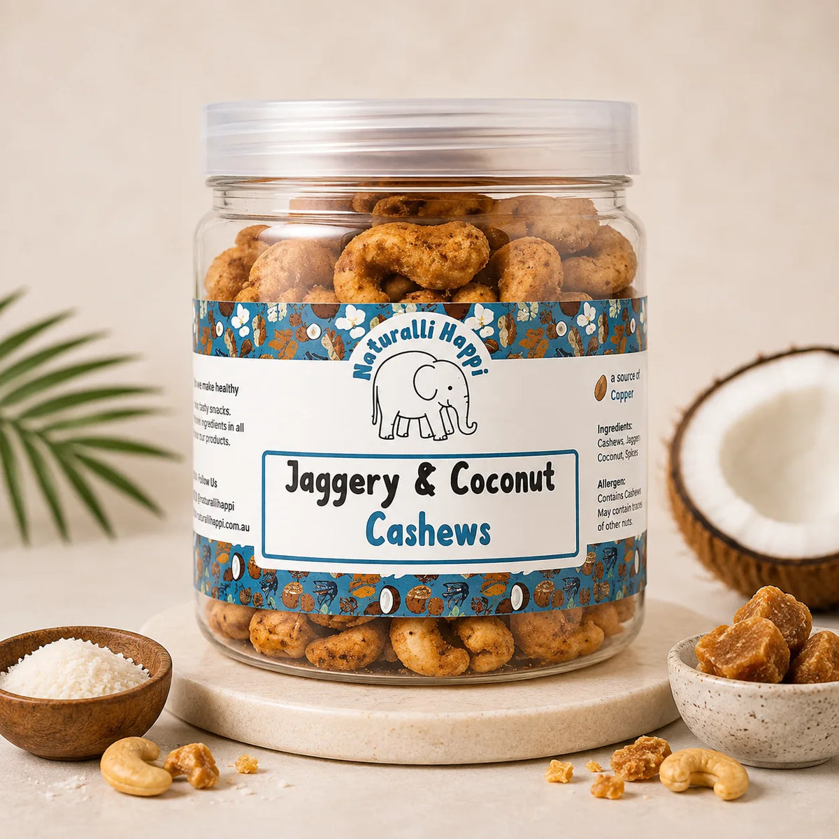 Naturalli Happi Jaggery & Coconut Roasted Cashews 250g studio product photo