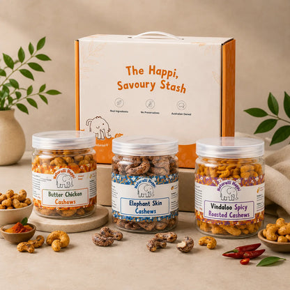 The Happi, Savoury Stash bundle featuring Butter Chicken Cashews, Elephant Skin Cashews, and Vindaloo Spicy Roasted Cashews